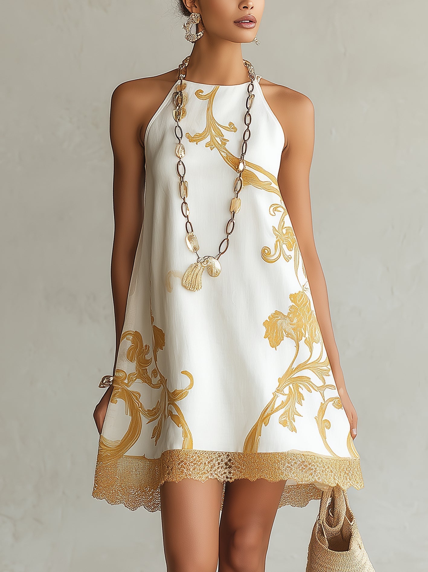 Vicky - White & Gold Printed Lace Mini Dress