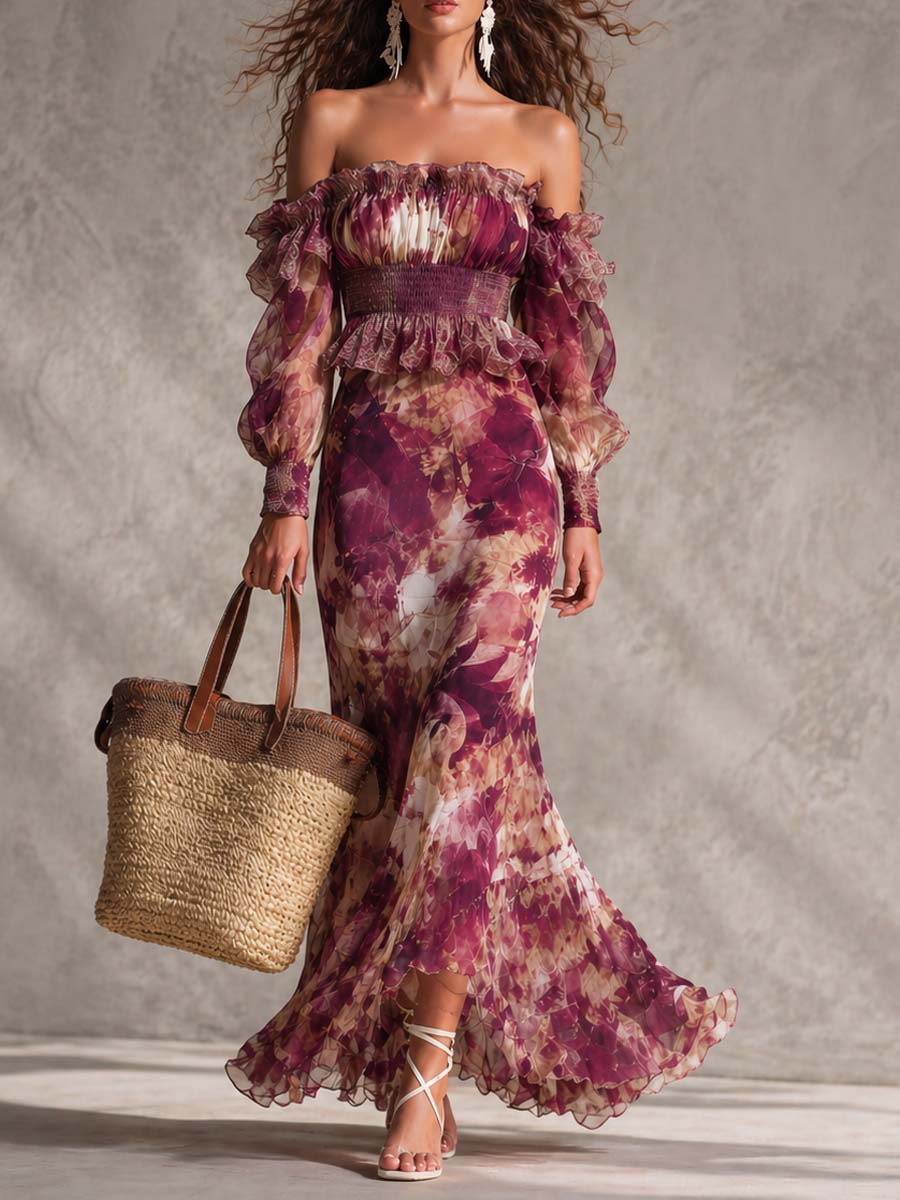 Elia - Rose Pink Floral Off-Shoulder Chiffon Maxi Dress