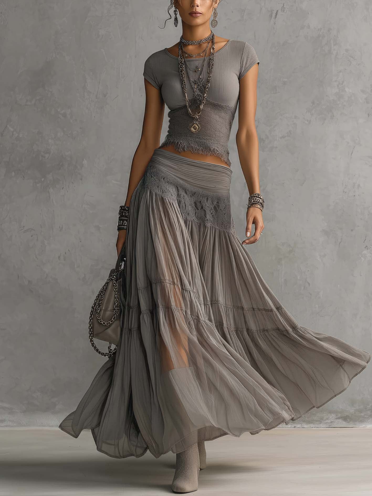 Rein - Gray Sheer Lace-Paneled Top and Pleated Maxi Skirt Set