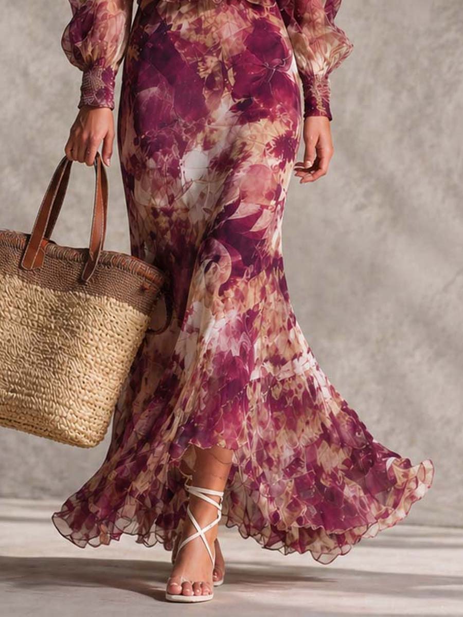 Elia - Rose Pink Floral Off-Shoulder Chiffon Maxi Dress