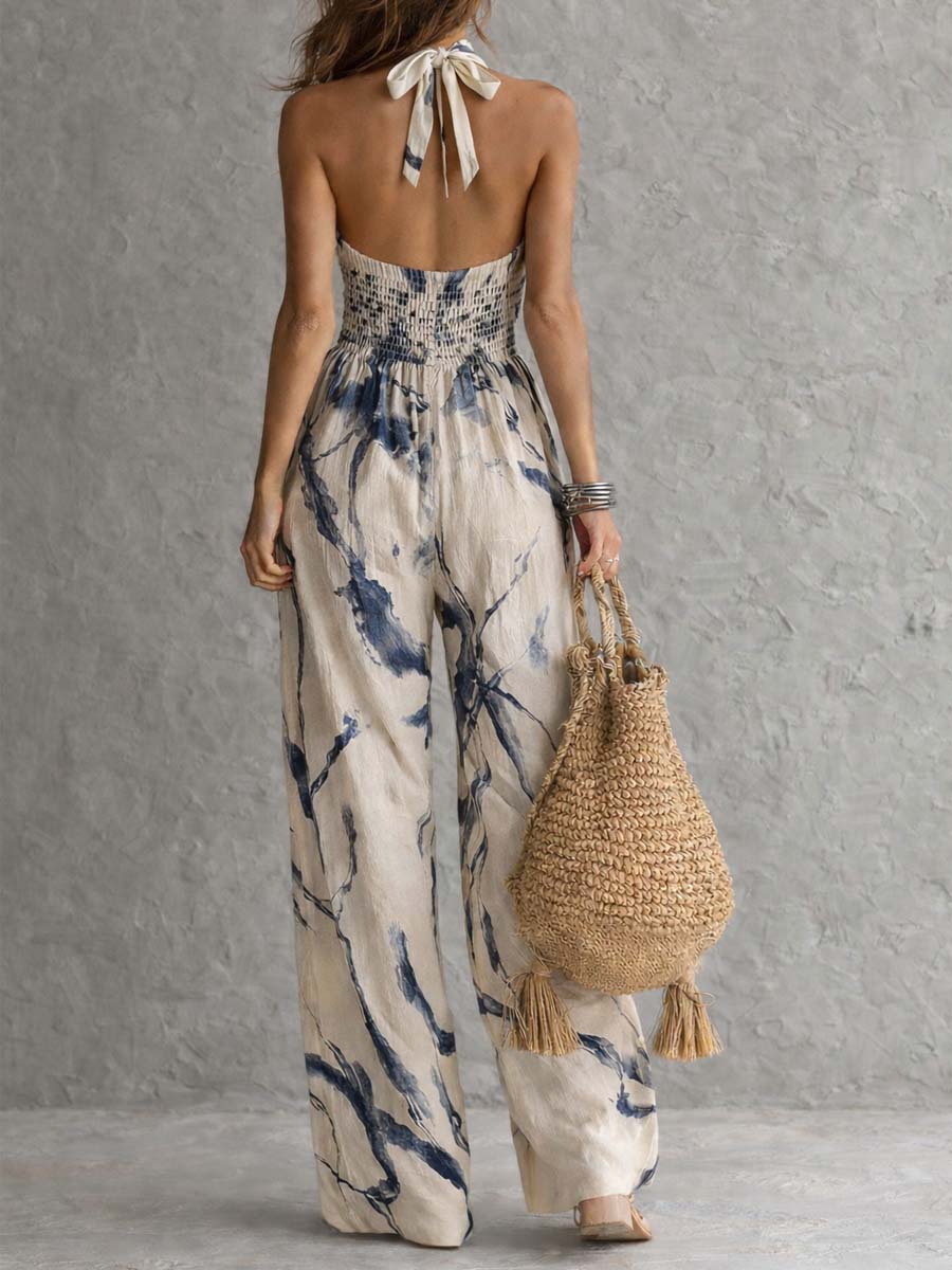 Haeri - Halter Neck Ink Wash Print Wide Leg Jumpsuit With Pockets