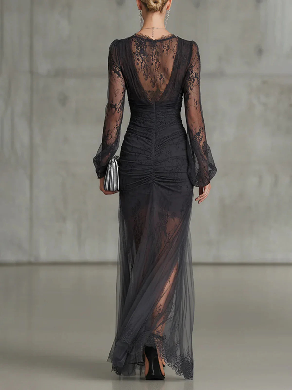 Gale - Dark Gray Lace Ruched Sheer Long Sleeve Slit Maxi Dress