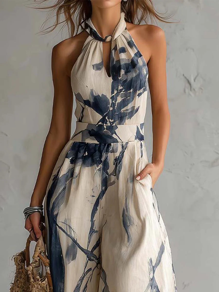 Haeri - Halter Neck Ink Wash Print Wide Leg Jumpsuit With Pockets