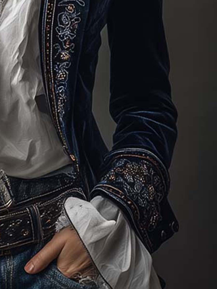 Cleo - Women’s Vintage Navy Embroidered Longline Jacket