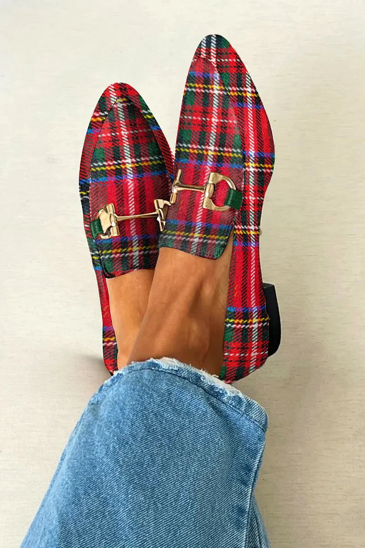 Celia – Trendy Checked Loafers with Metal Buckle