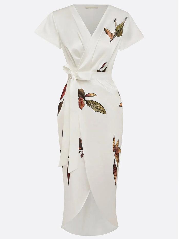 Anelie – Elegant Wrap Dress with Leaf Print