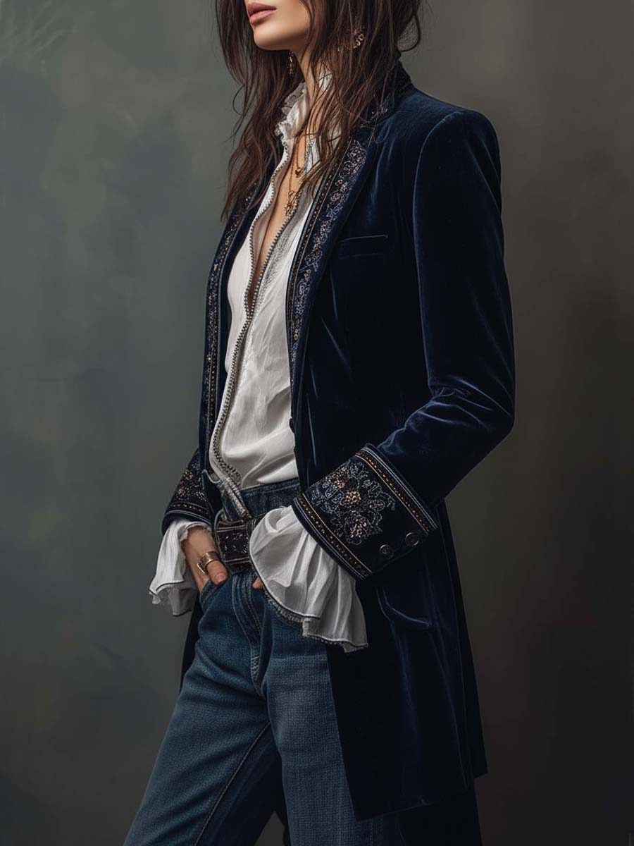 Cleo - Women’s Vintage Navy Embroidered Longline Jacket
