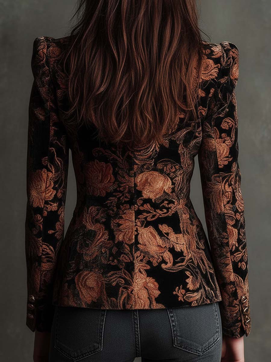 Kara - Women’s Black And Bronze Floral Print Tailored Blazer