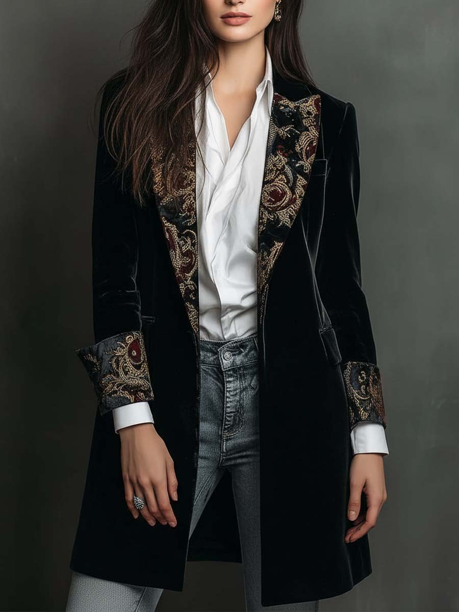 Alana - Women's Black Baroque Print Lapel Slim Fit Blazer