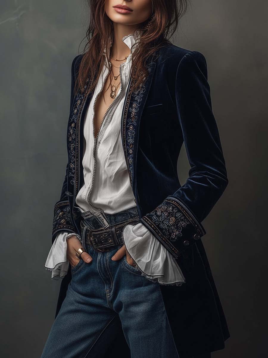 Cleo - Women’s Vintage Navy Embroidered Longline Jacket