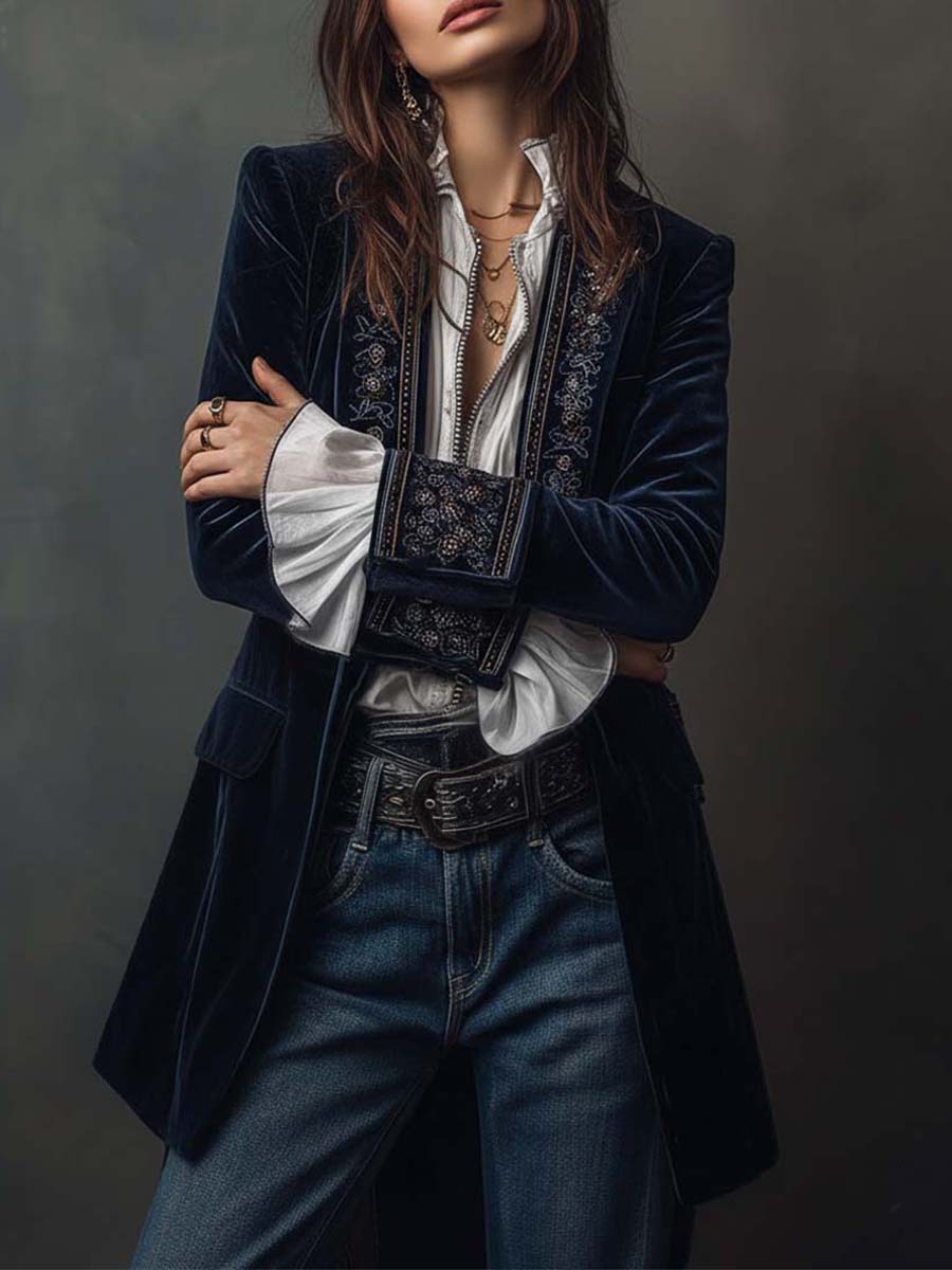 Cleo - Women’s Vintage Navy Embroidered Longline Jacket