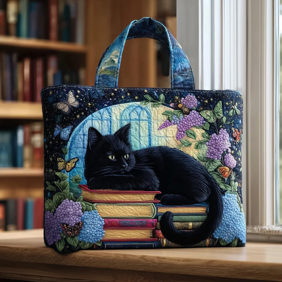 Nala – Black Cat on Books Handmade Tote Bag