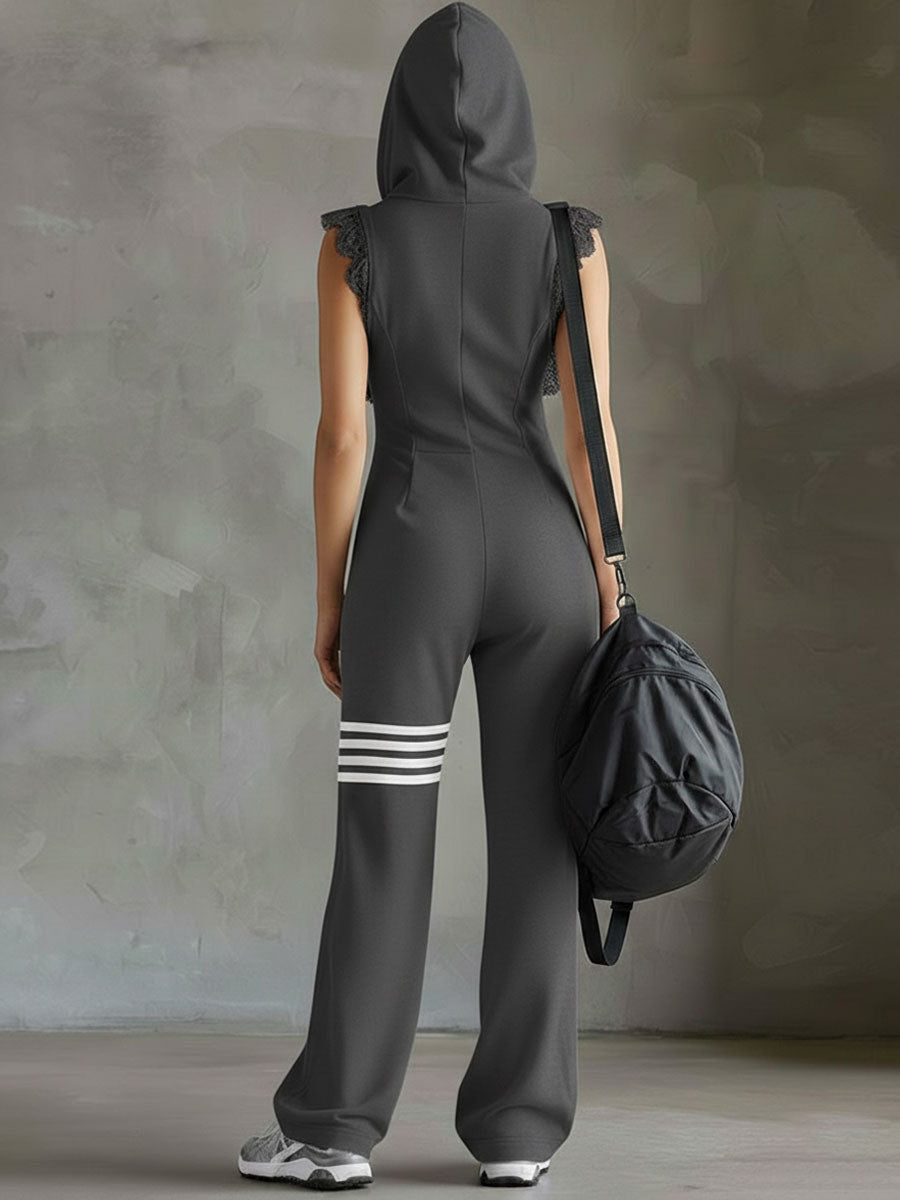 Evira - Retro Sports Jumpsuit with Hood and Stripes