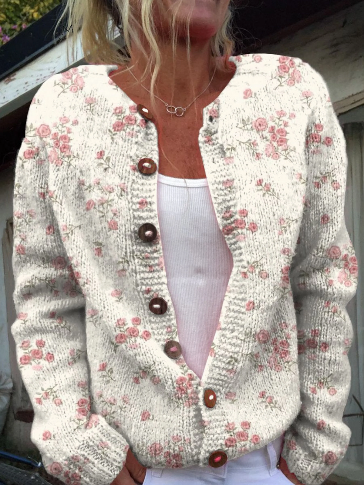 Joanna - Pink Rose Florets Print Buttoned Cardigan