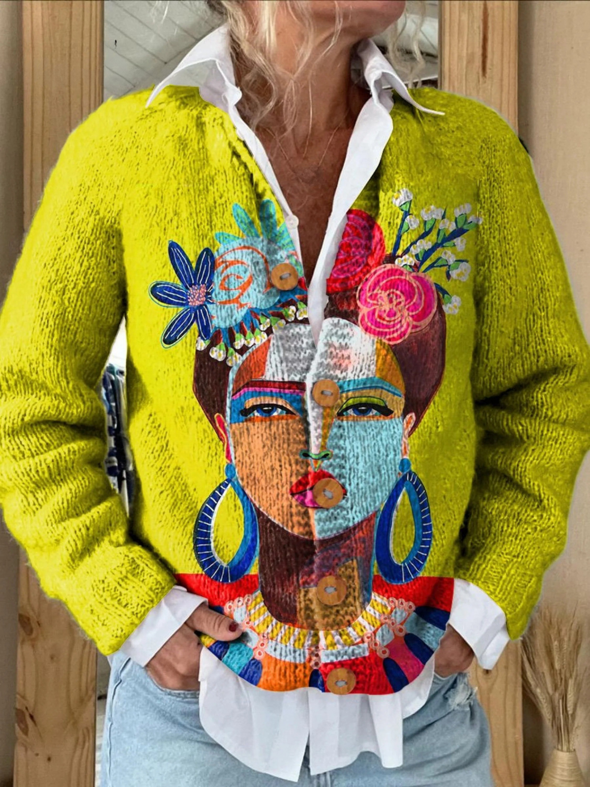 Kelsey - Painting Portrait Art Printed Buttoned Cardigan