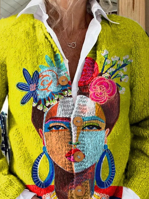 Kelsey - Painting Portrait Art Printed Buttoned Cardigan