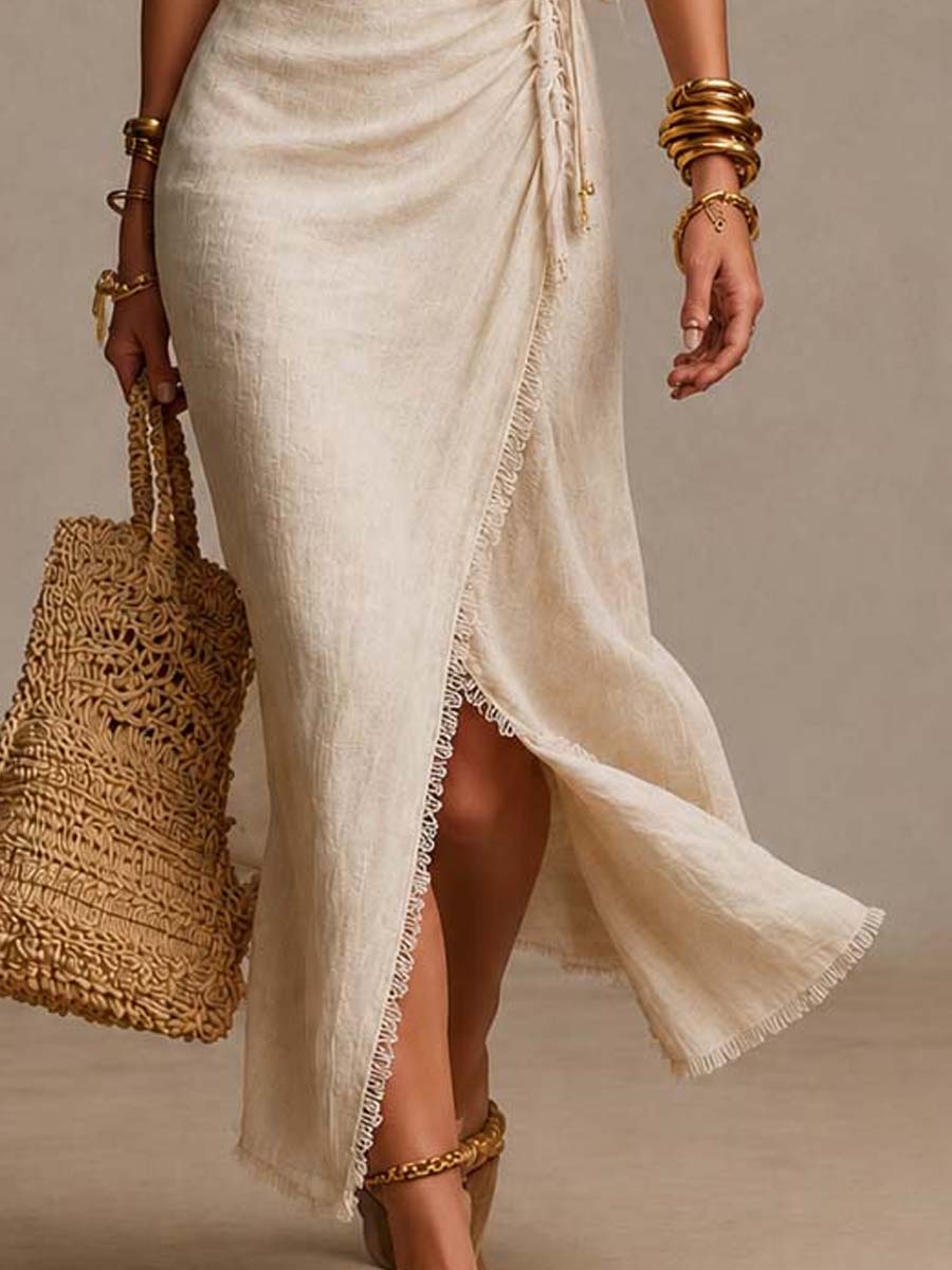 Jillian – Natural Linen Wrap Midi Dress