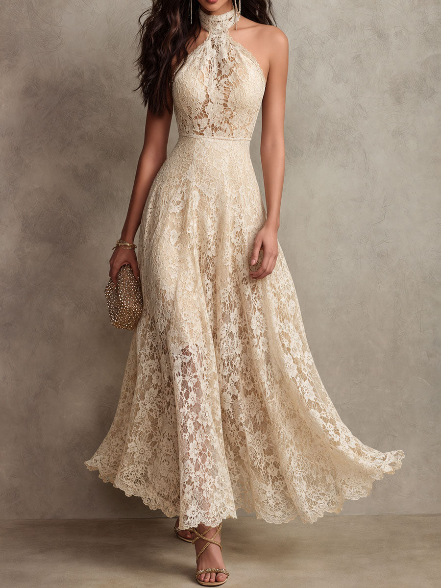 Gracelyn - Ivory Lace Halter Maxi Dress