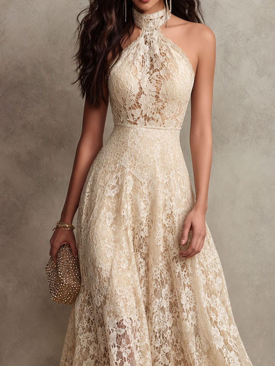 Gracelyn - Ivory Lace Halter Maxi Dress