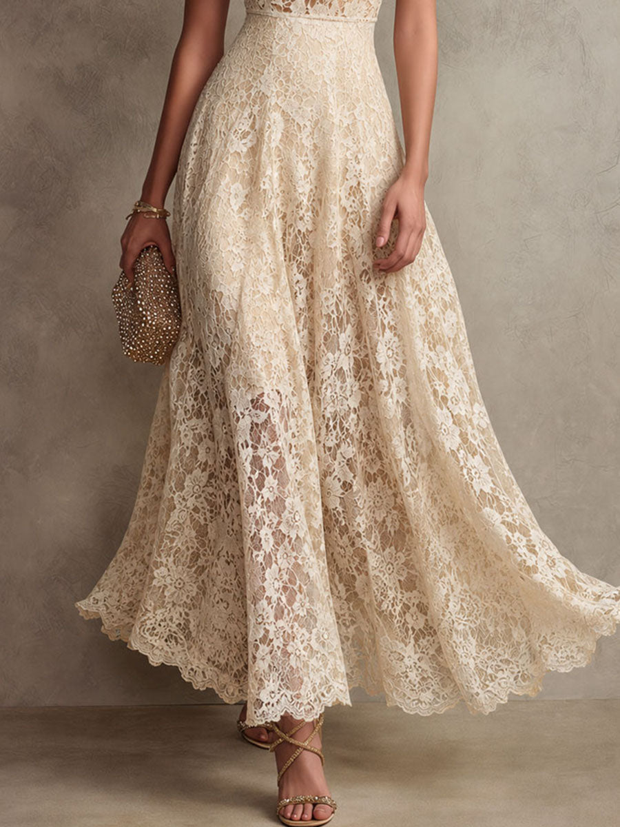 Gracelyn - Ivory Lace Halter Maxi Dress