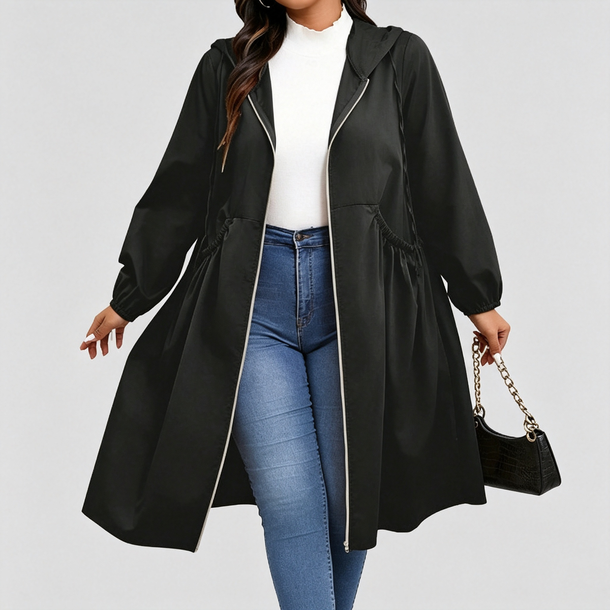 Zahra - Curve Cinch Hooded Windbreaker Coat