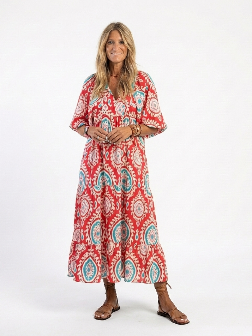 Ria - Paisley Print V-Neck Short Sleeve Midi Dress
