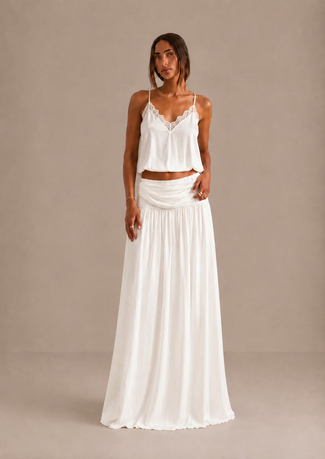 Maxine - Ruched Low Rise Maxi Skirt
