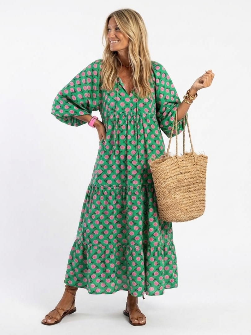 Francine - Floral Print V-Neck Tiered Midi Dress