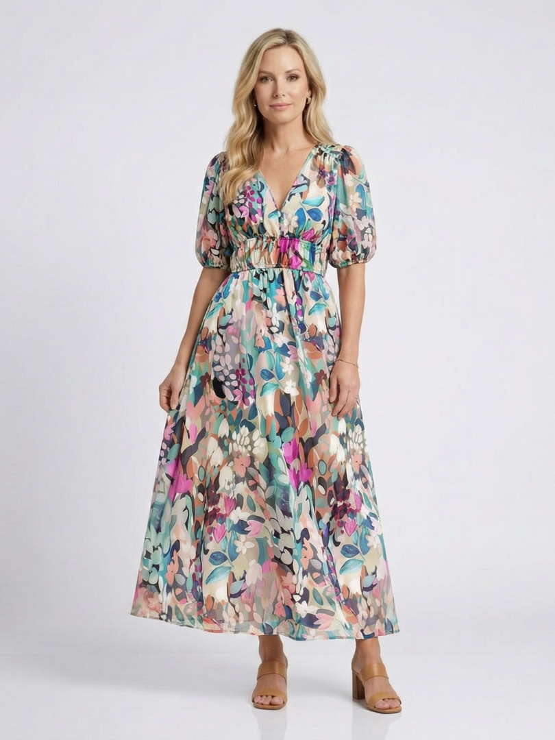 Lousey - V-Neck Short Sleeve Waist Midi Dress