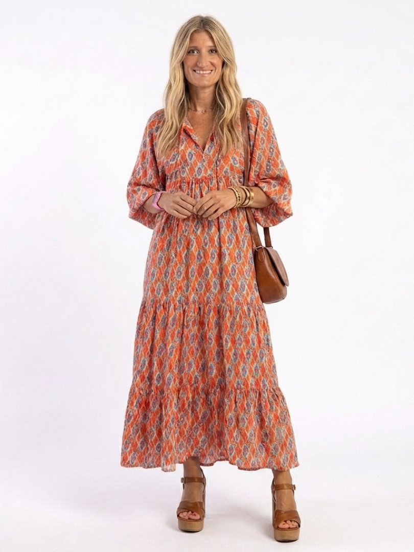 Mauie - Geometric Print V-Neck Midi Dress
