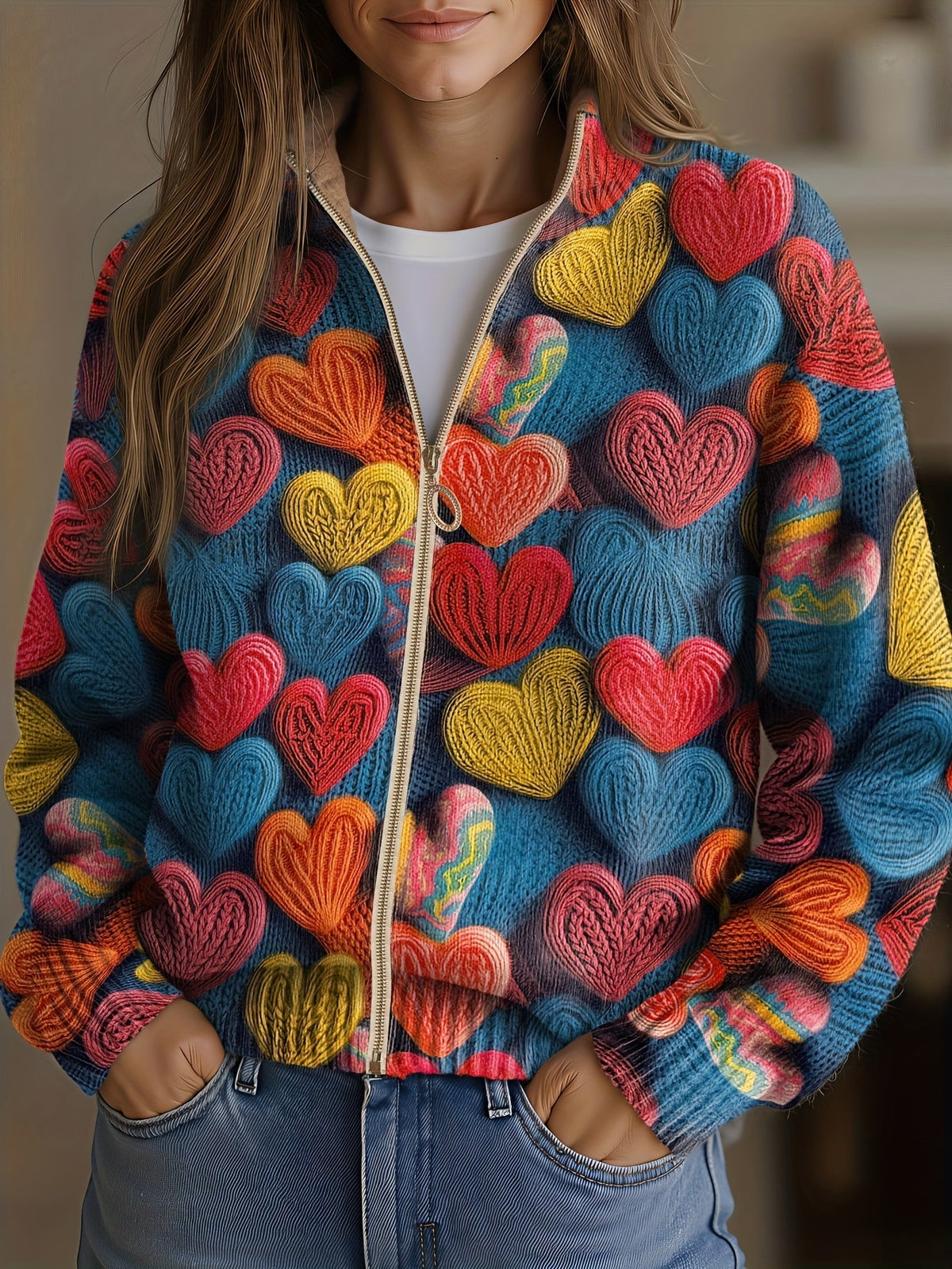 Valentine - Multicolor Hearts Textured Knit Pattern