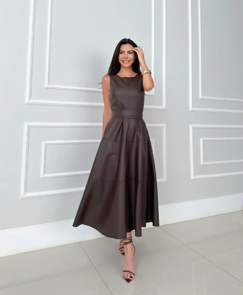Tanya – Sleek Faux Leather Midi Dress