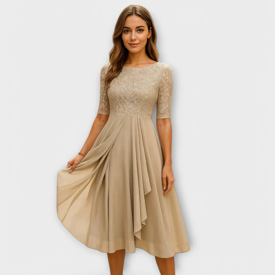 Myrna – Elegant Midi Dress with Lace Sleeves