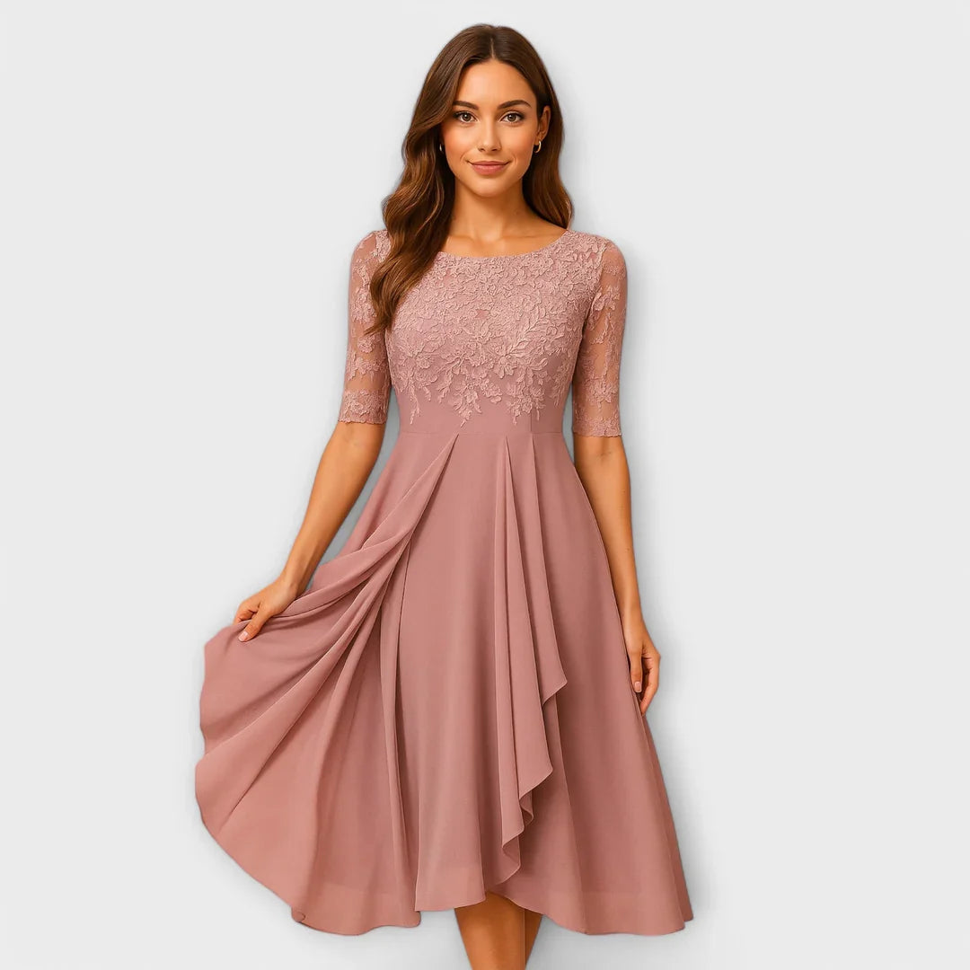 Myrna – Elegant Midi Dress with Lace Sleeves