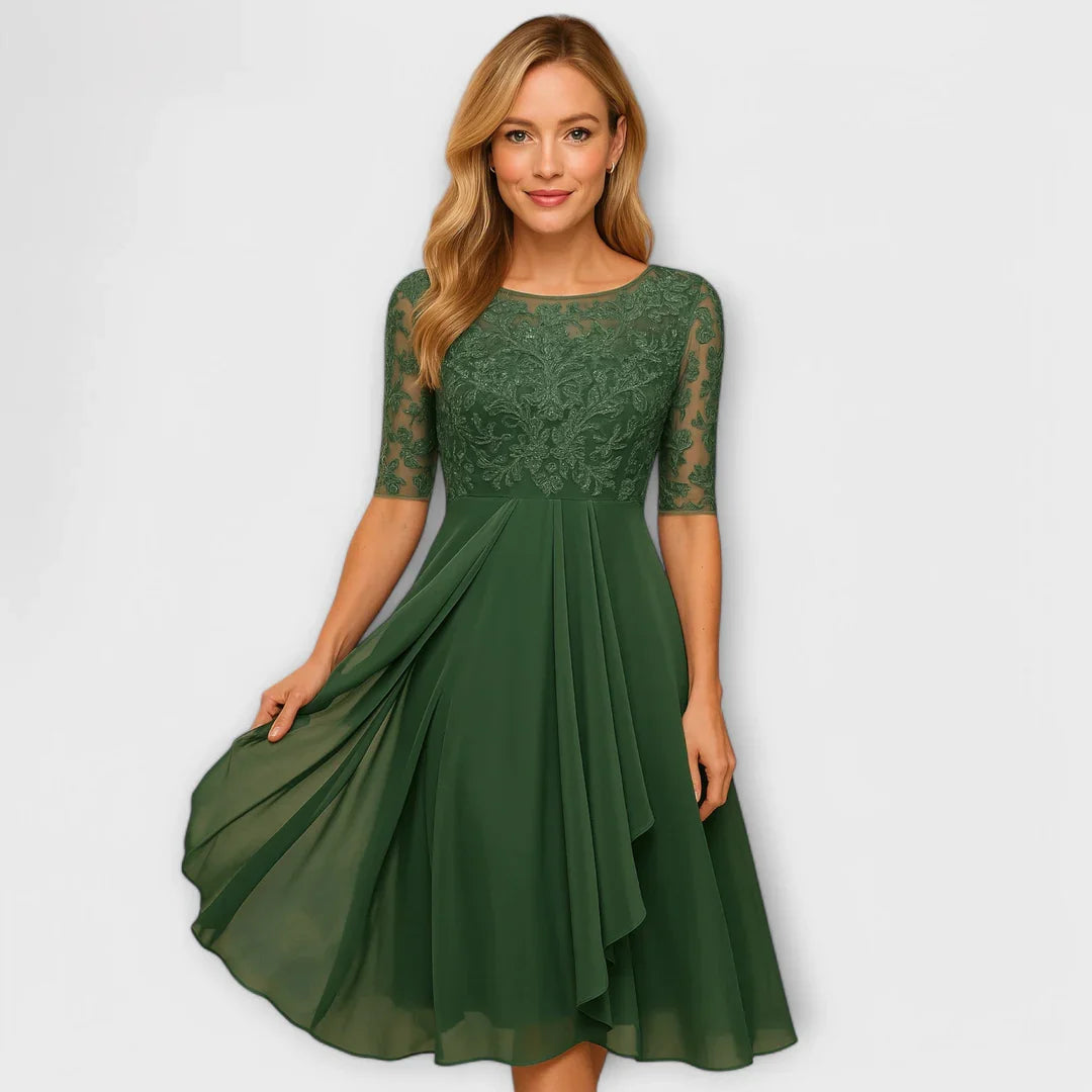 Myrna – Elegant Midi Dress with Lace Sleeves