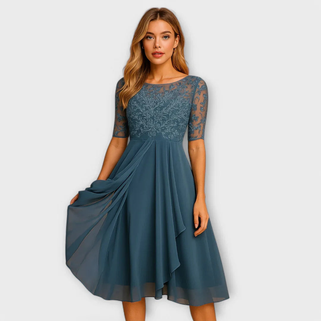 Myrna – Elegant Midi Dress with Lace Sleeves