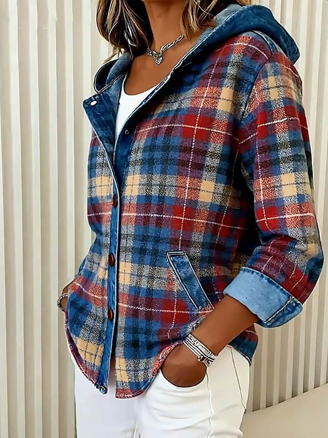 Misty – Denim Jacket with Contrast Plaid Hood