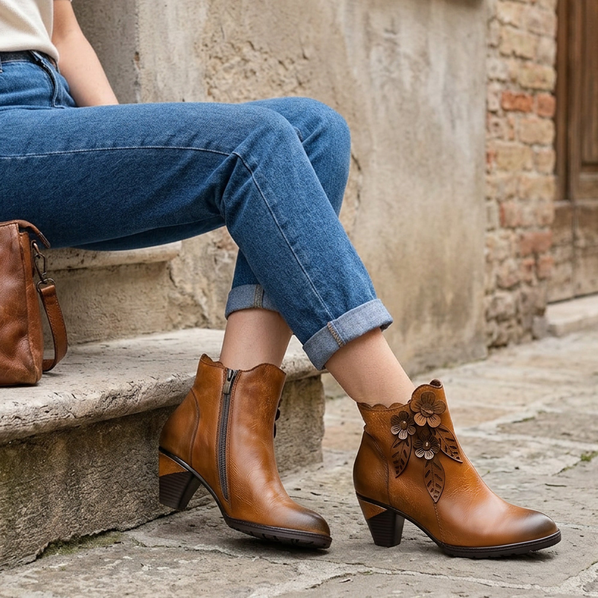 Juliette - Retro Handmade Floral Leather Solid Color Ankle Boots