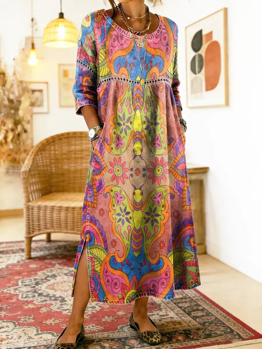 Vinna - Printed Dress with Ethnic Patchwork