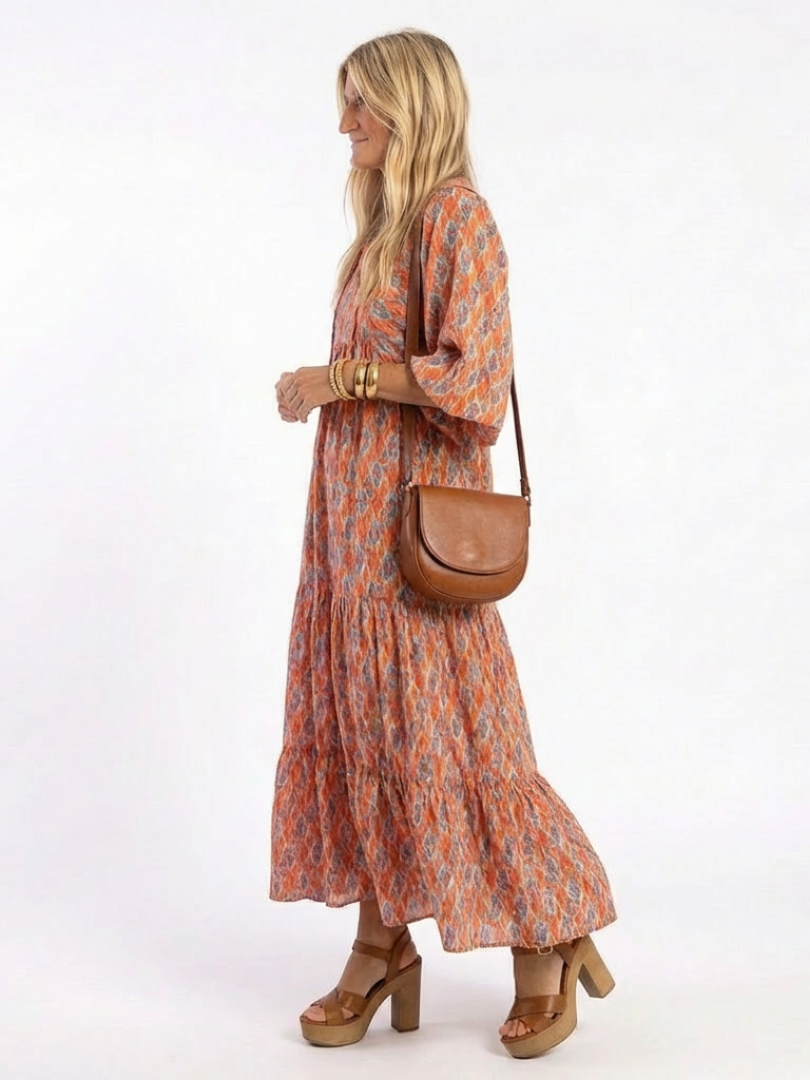 Mauie - Geometric Print V-Neck Midi Dress
