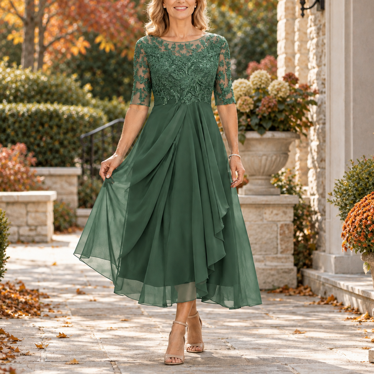 Audrey - Lace Bodice Draped Midi Dress