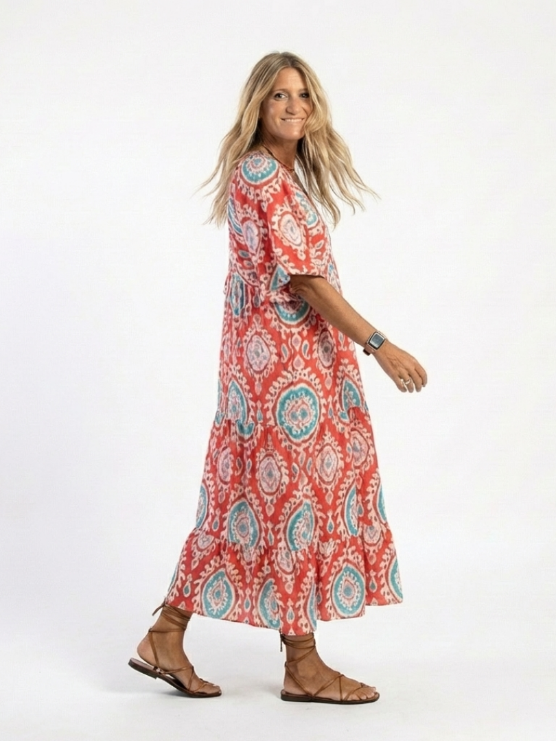 Ria - Paisley Print V-Neck Short Sleeve Midi Dress