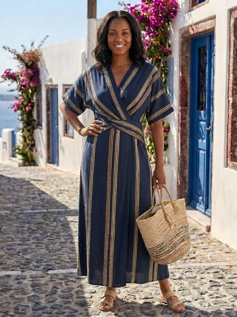 Sasha - V Neck Short Sleeve Striped Wrap Midi Dress
