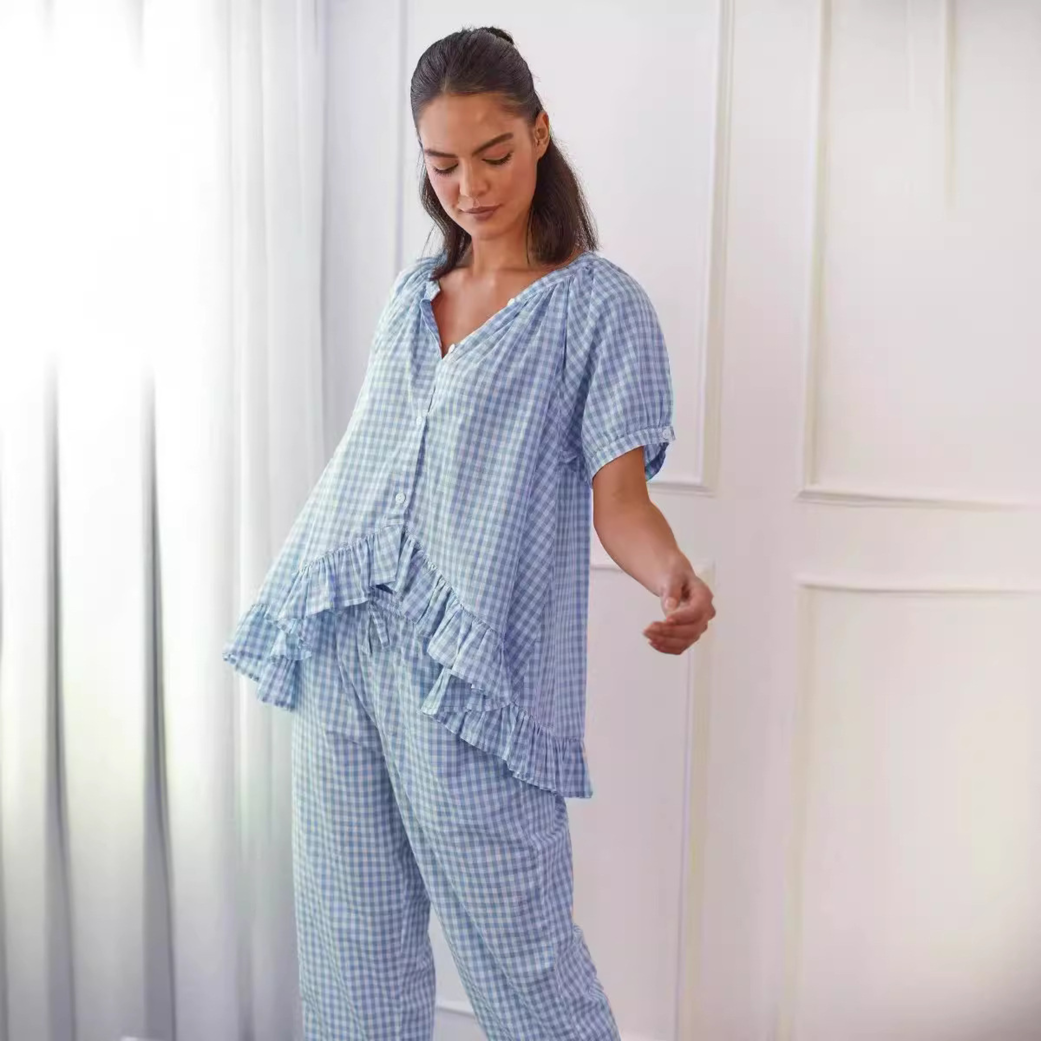 Naiah - Casual Plaid Puff Sleeve Top and Pants Set