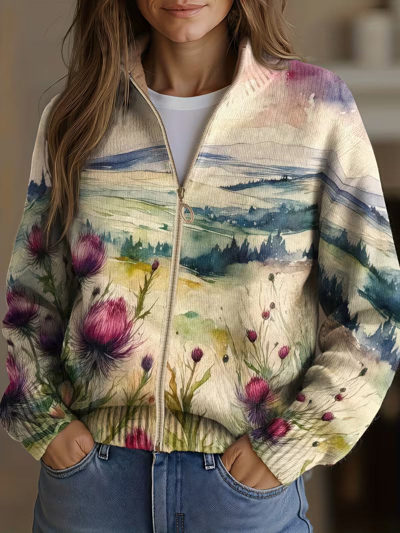 Clarissa - Scottish Thistle Landscape Zip Cardigan