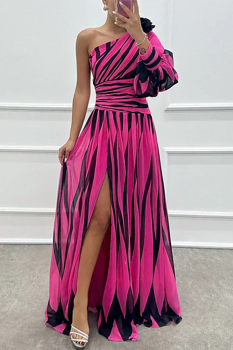 Yona - Elegant Striped Maxi Dress with One Shoulder