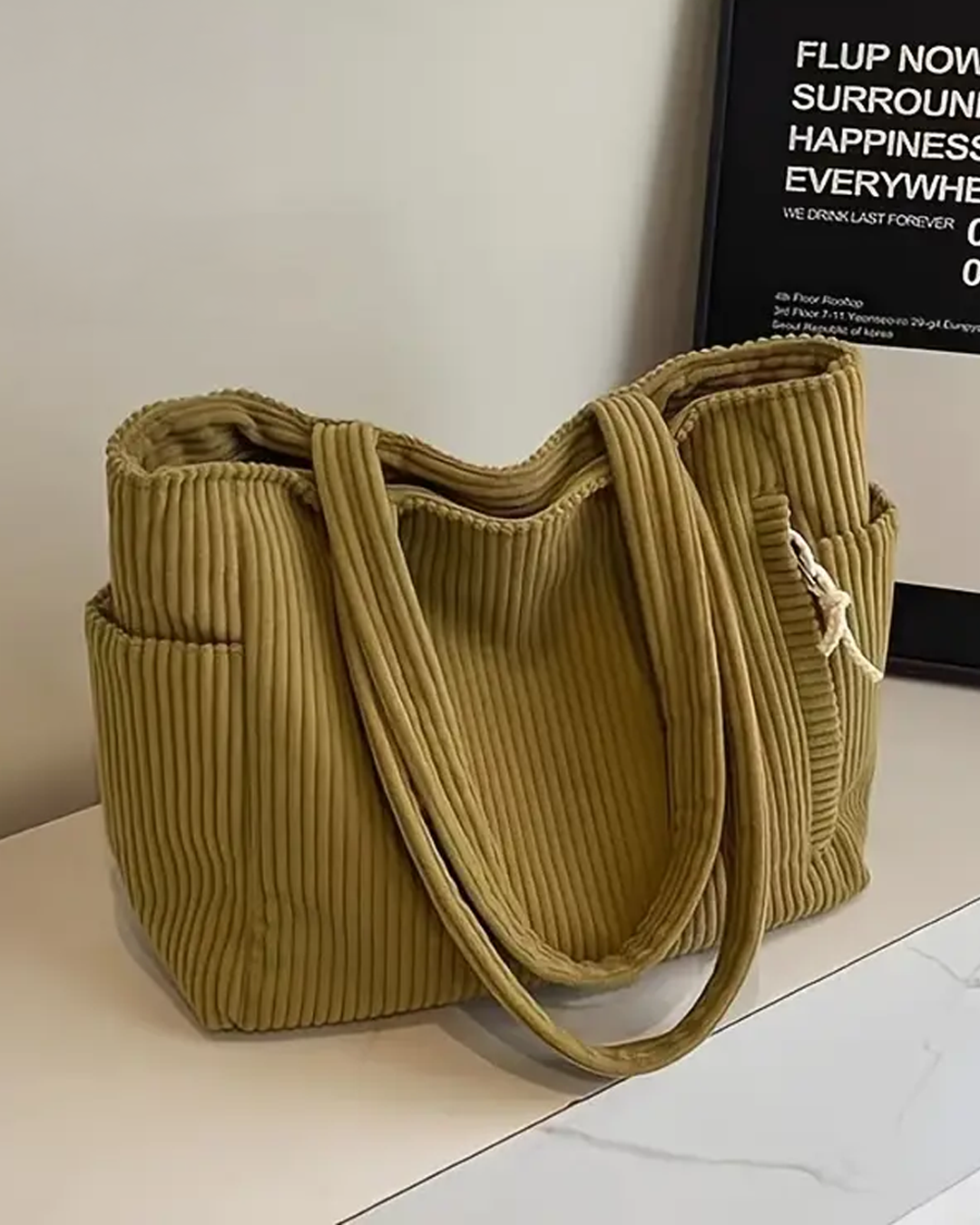 Kimmy – Ribbed Tote Bag with Drawstring Detail