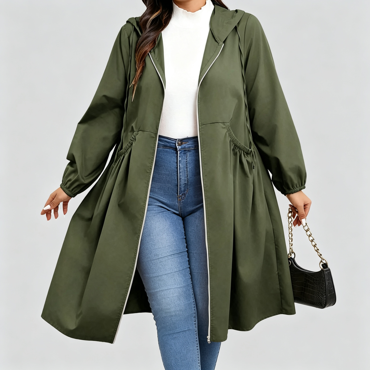 Zahra - Curve Cinch Hooded Windbreaker Coat
