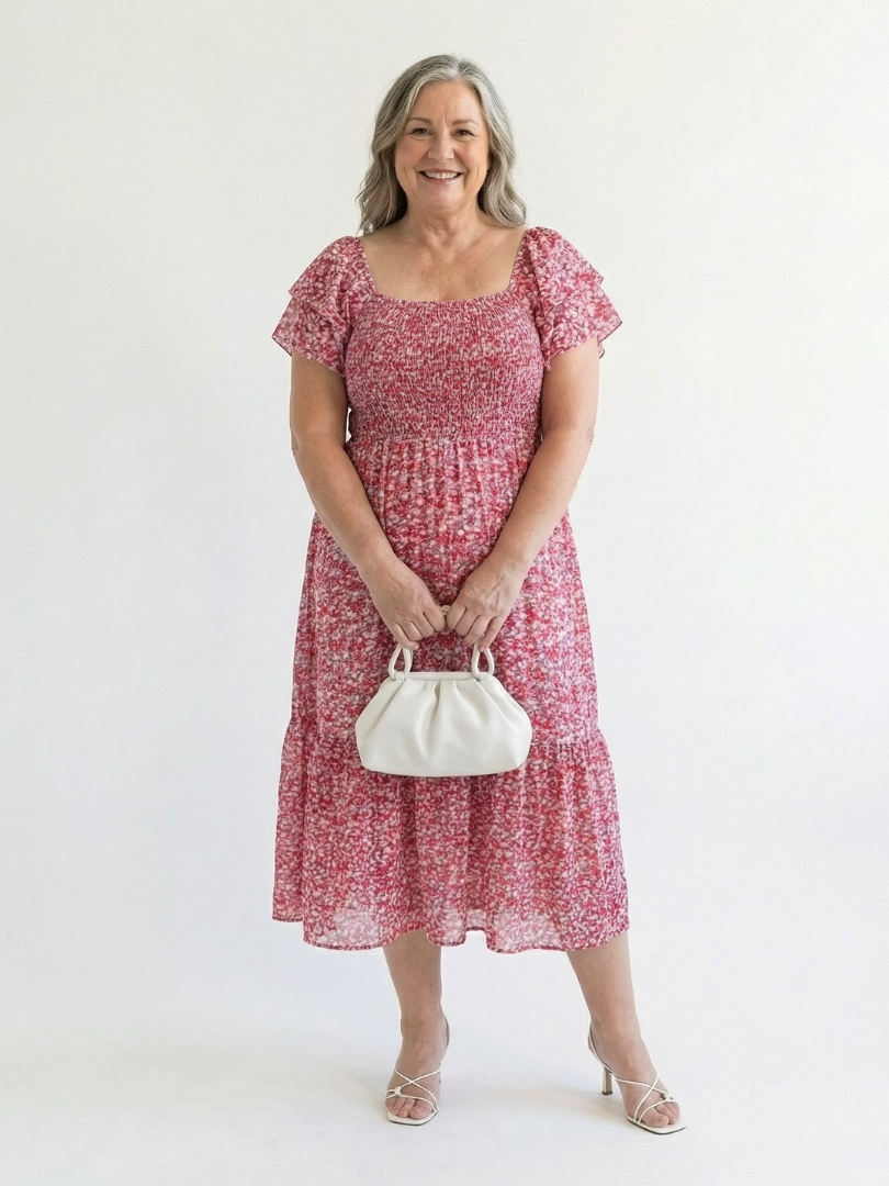 Olive - Off-Shoulder Floral Smocked Midi Dress