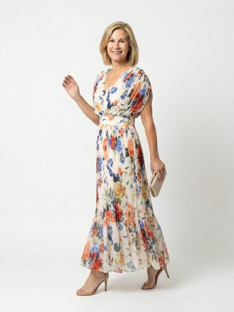 Savana - Pleated V-Neck Midi Dress